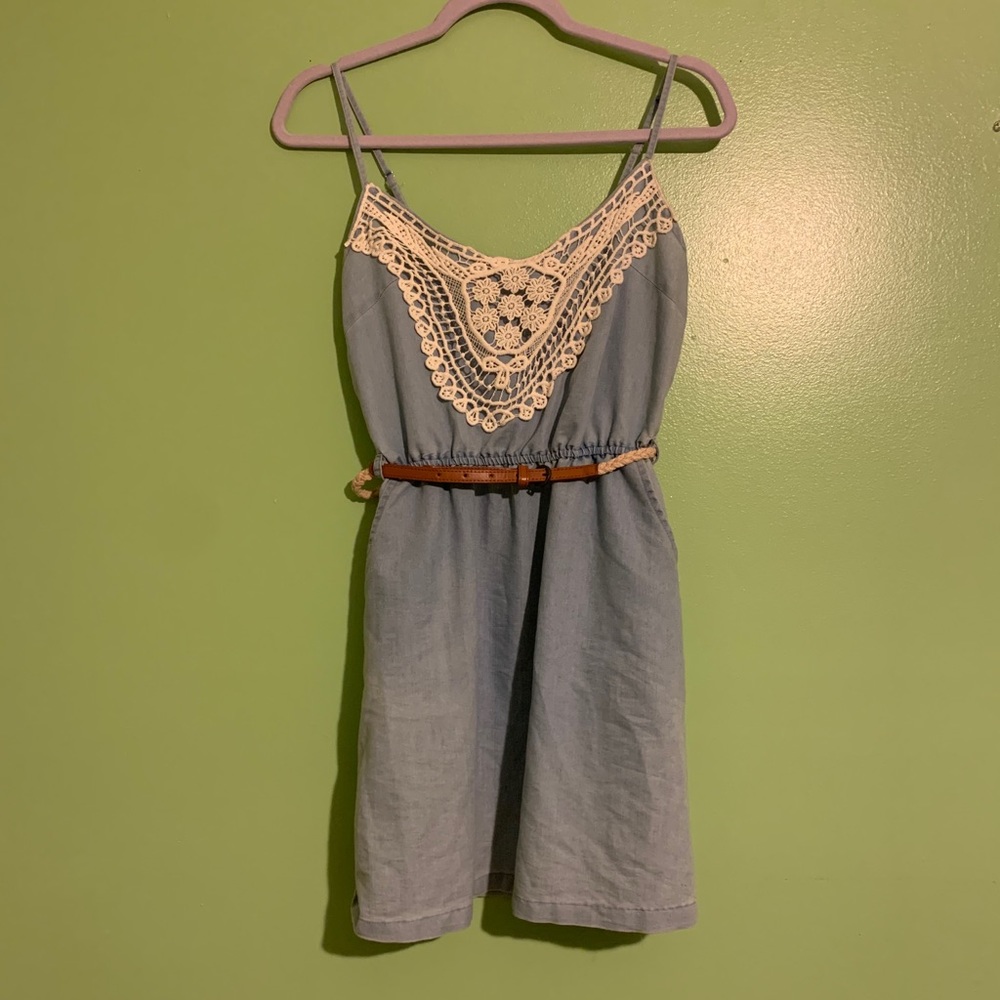 Denim dress with white lace over chest